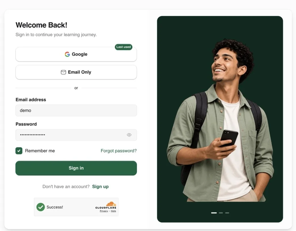 Sign-in screen — subscription learning product