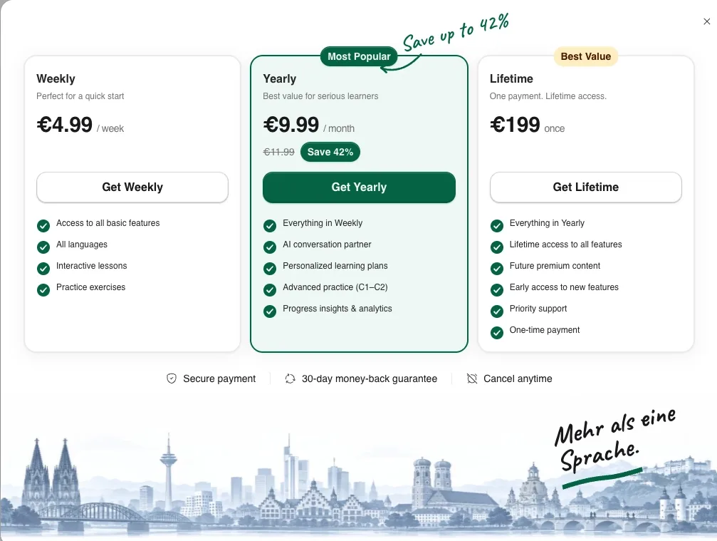 Pricing page — weekly, annual, and lifetime plans