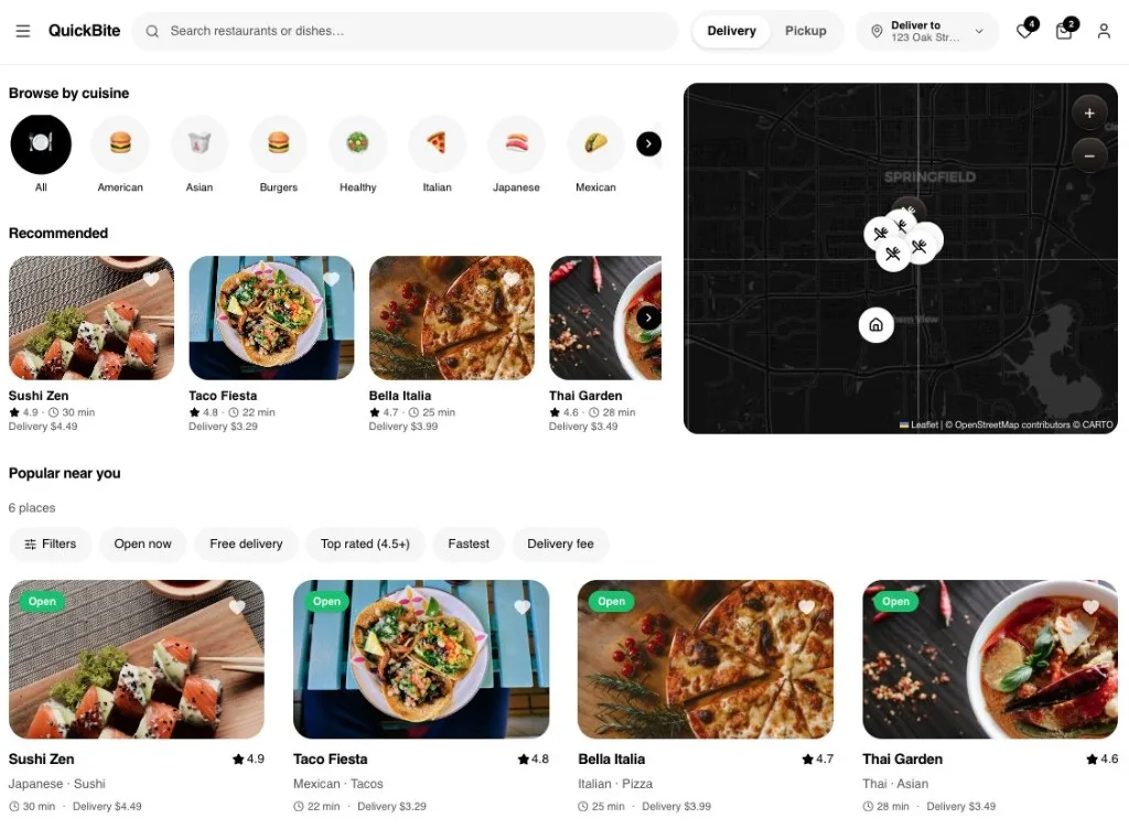 Food delivery platform — search, maps, restaurants