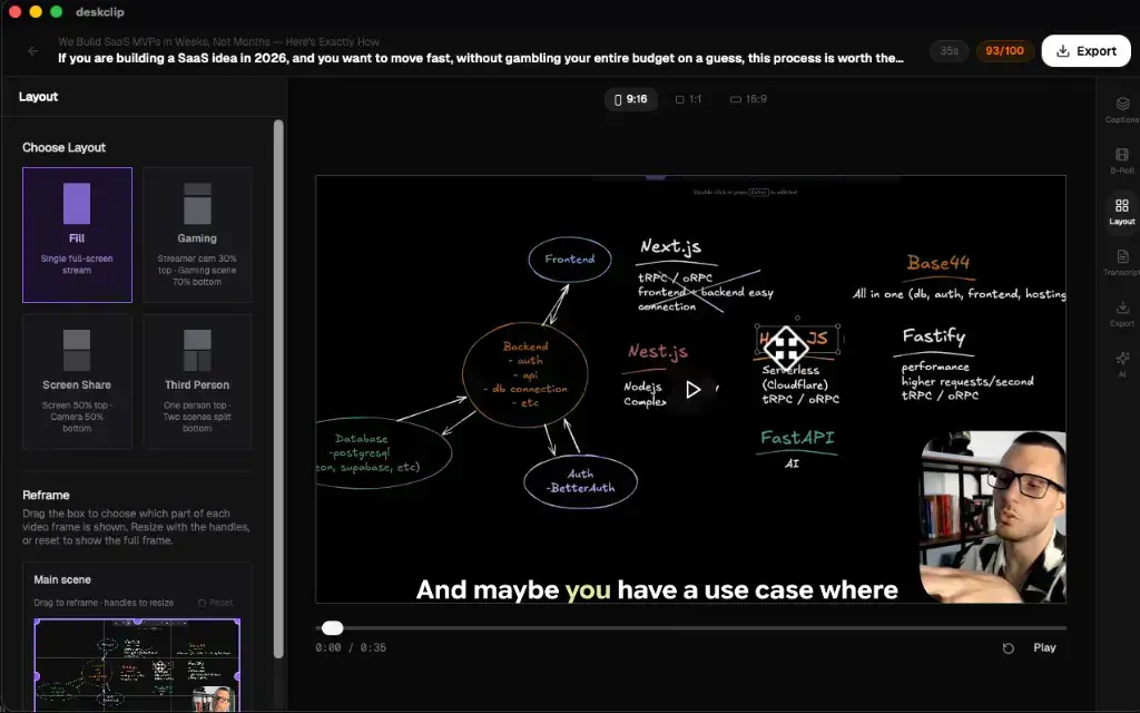 Deskclip desktop video editor with layout presets, reframing, and export tools