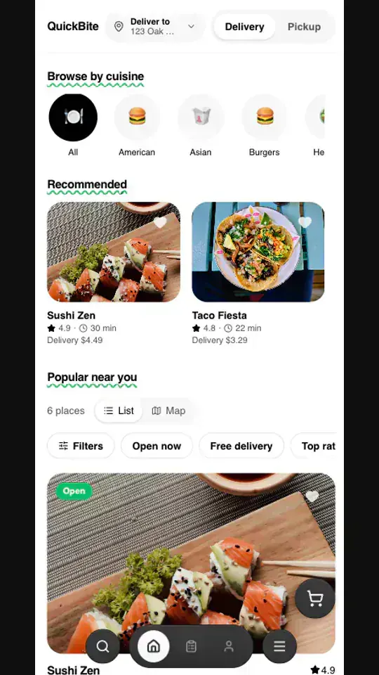 QuickBite food delivery app with cuisine browse, recommended restaurants, and floating bottom navigation