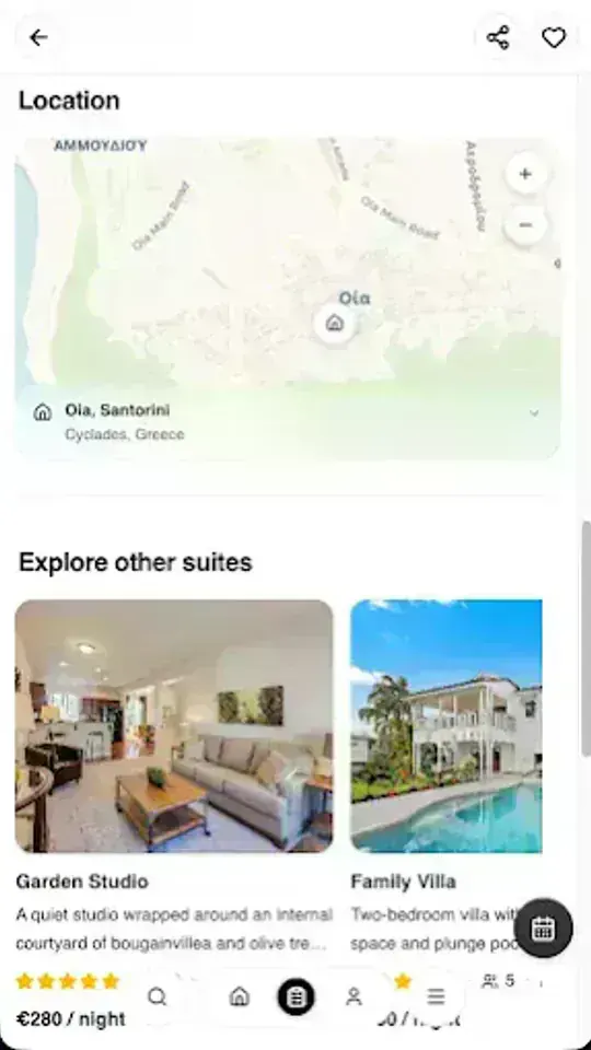 Suite Stay travel booking app with Santorini map, property gallery, and pill navigation bar