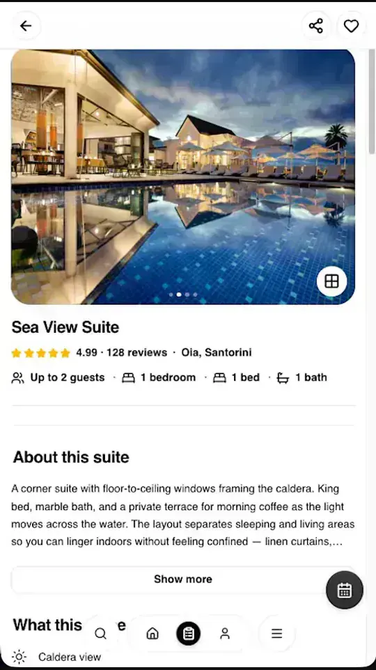 Suite Stay property listing with sea view suite photos, ratings, amenities, and bottom navigation
