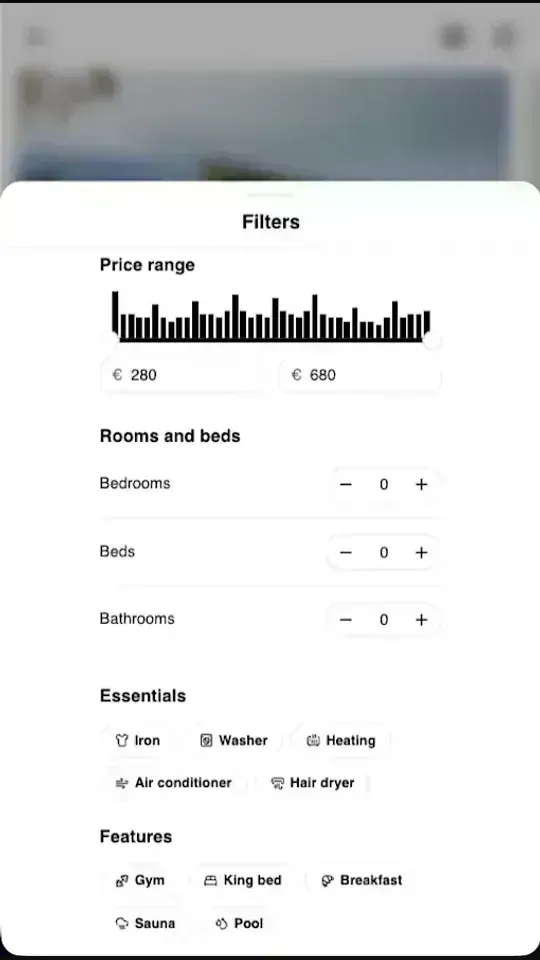 Suite Stay filters sheet with price range, room counts, and amenity chips